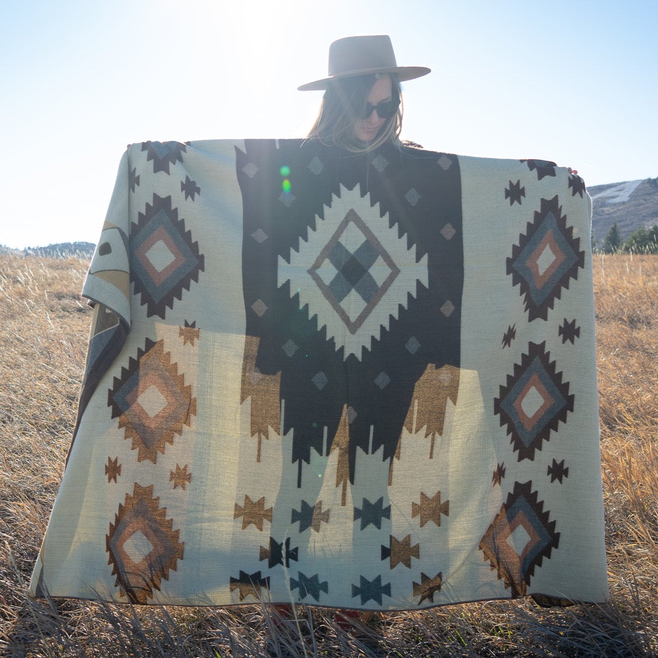 Sage, taupe and bone desert geometric alpaca blanket, view 8