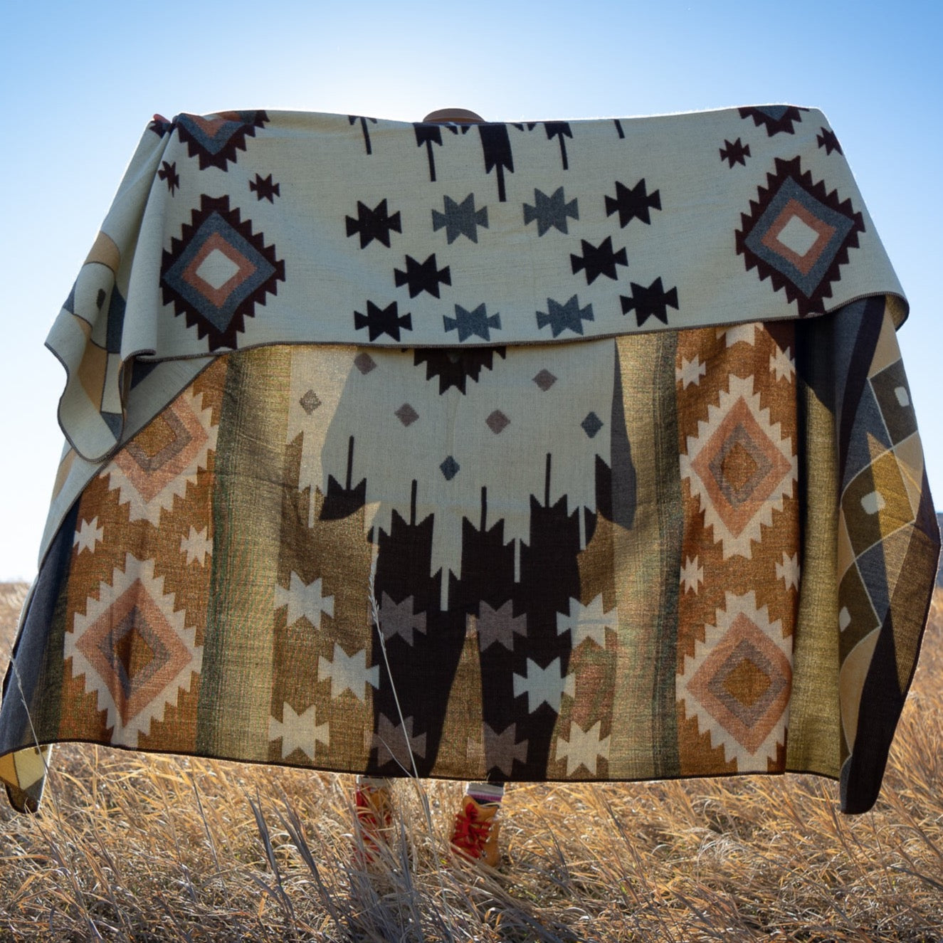 Sage, taupe and bone desert geometric alpaca blanket, view 9