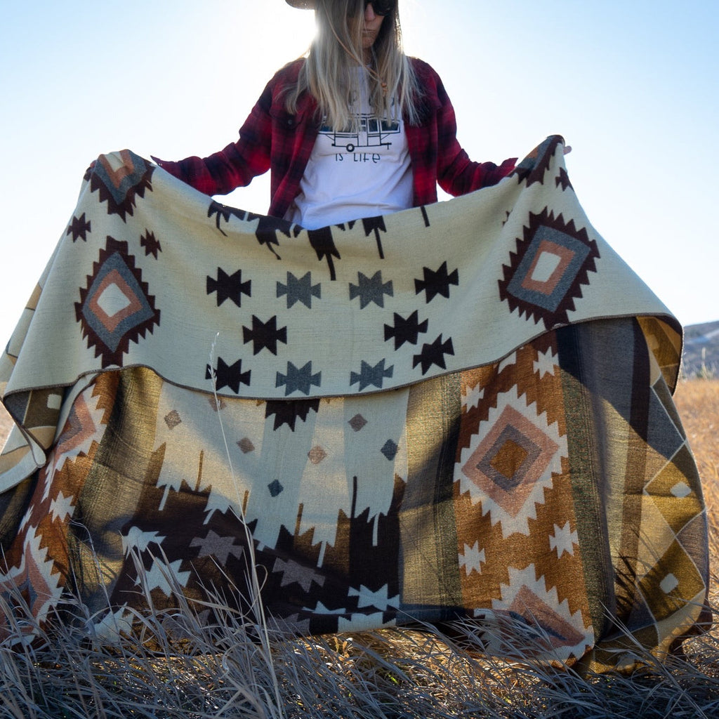 Sage, taupe and bone desert geometric alpaca blanket, view 10