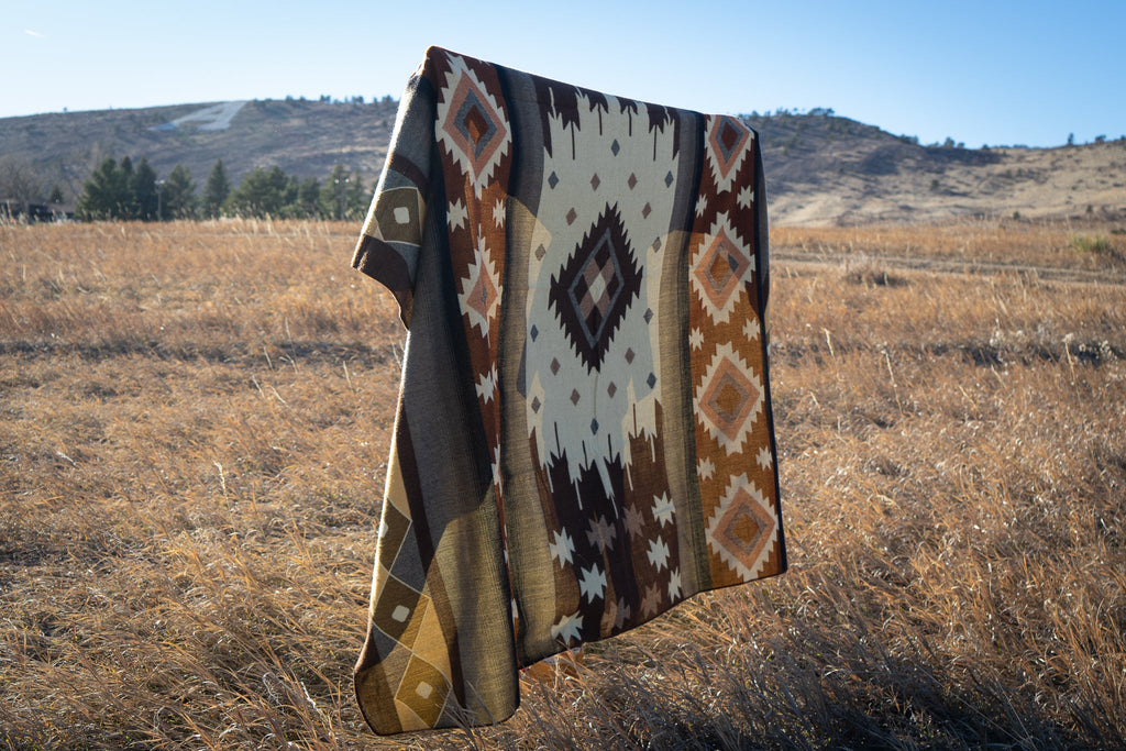 Sage, taupe and bone desert geometric alpaca blanket, view 14