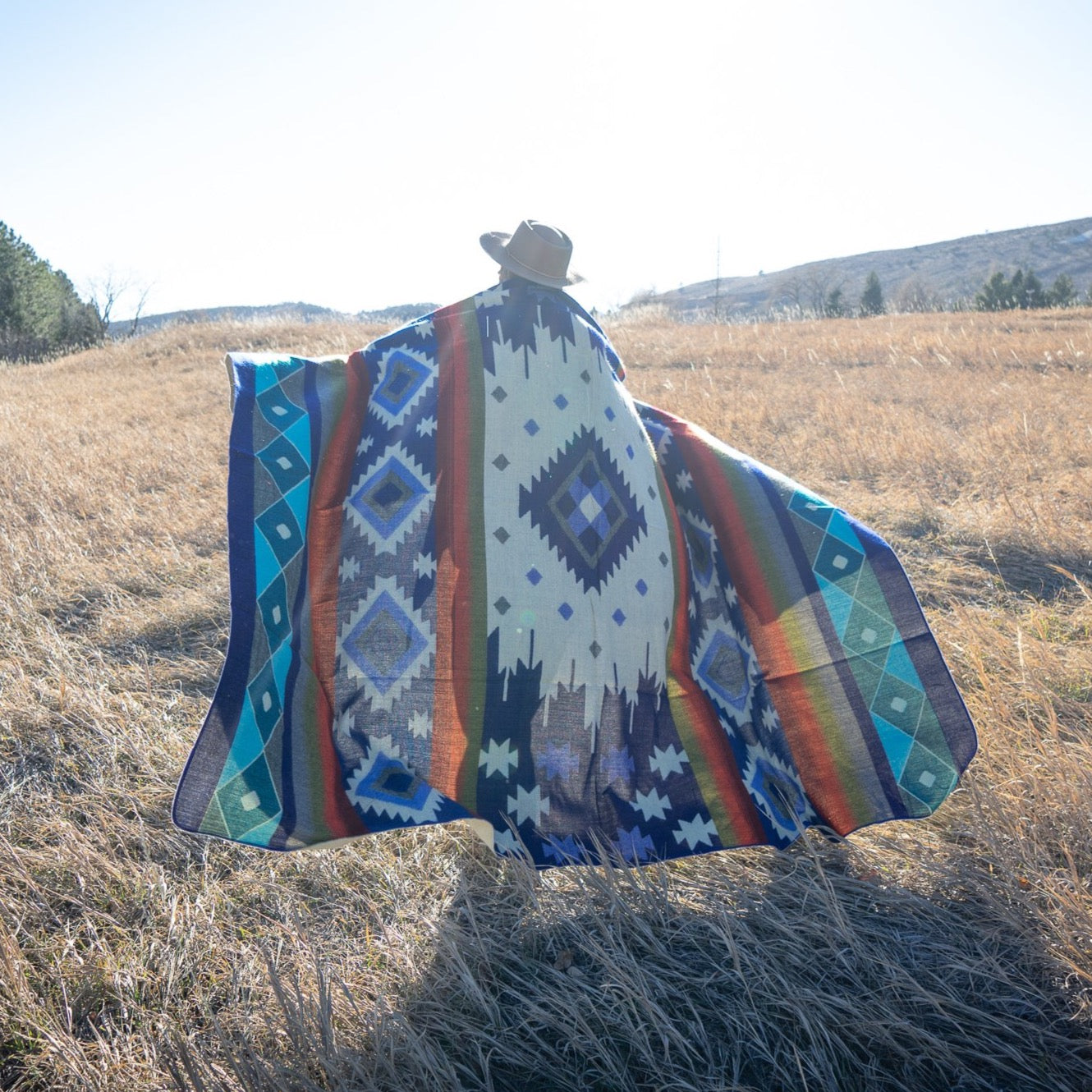 Blue, teal and rust striped alpaca blanket