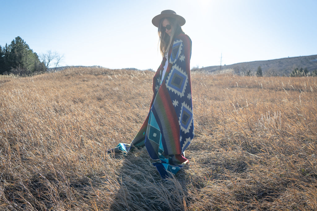 Blue, teal and rust striped alpaca blanket, view 6
