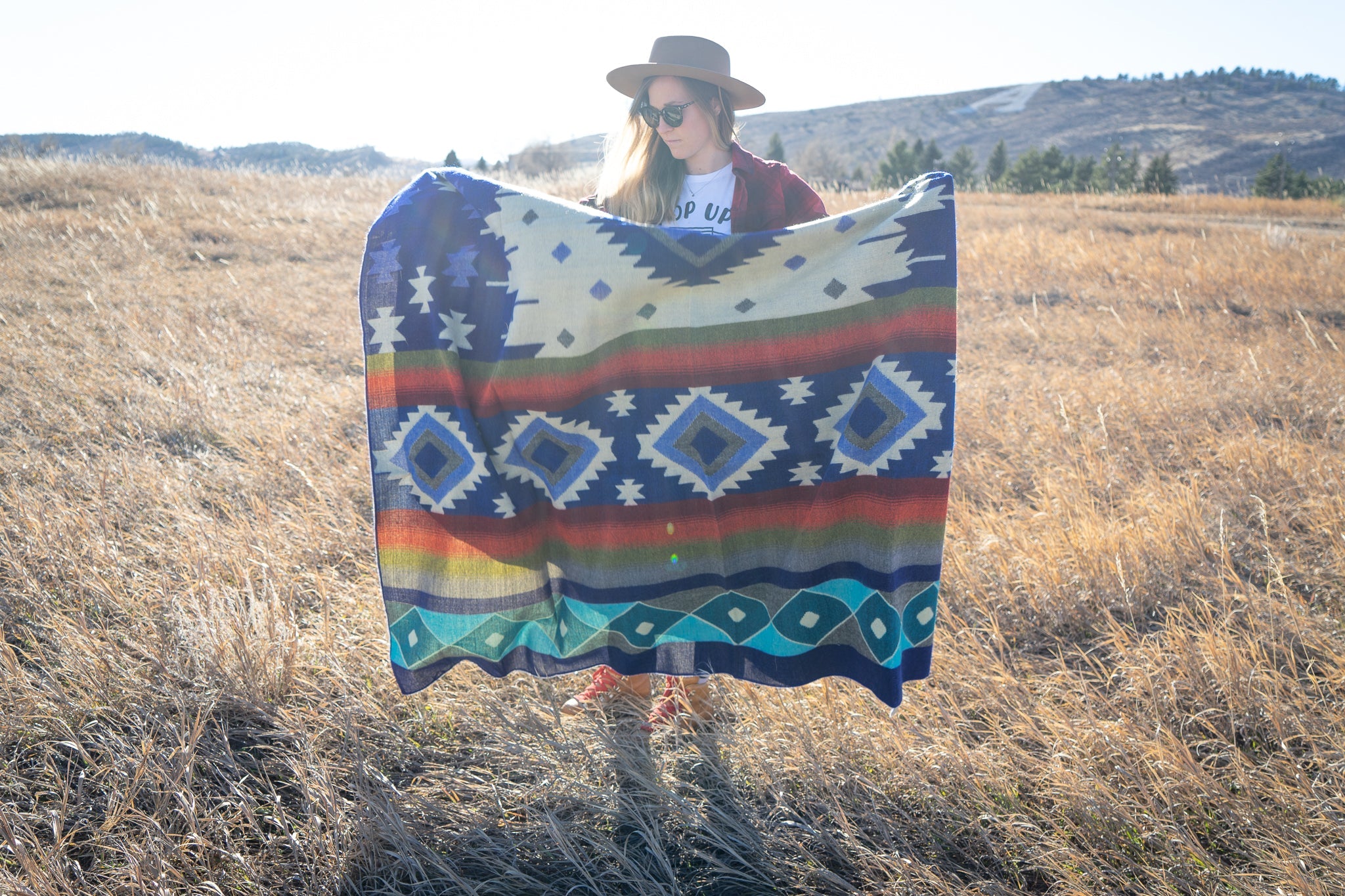 Blue, teal and rust striped alpaca blanket, view 4