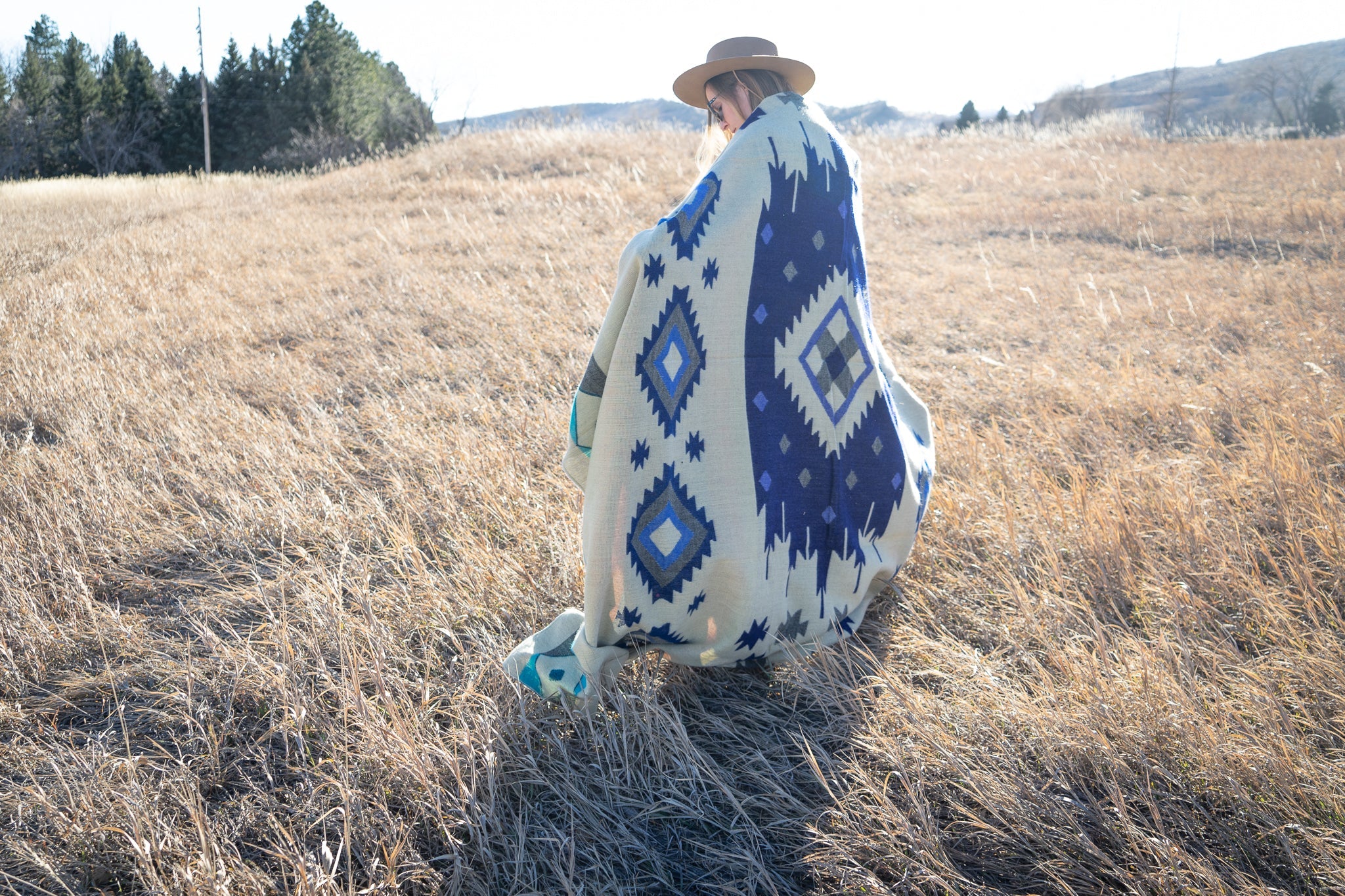 Blue, teal and rust striped alpaca blanket, view 5