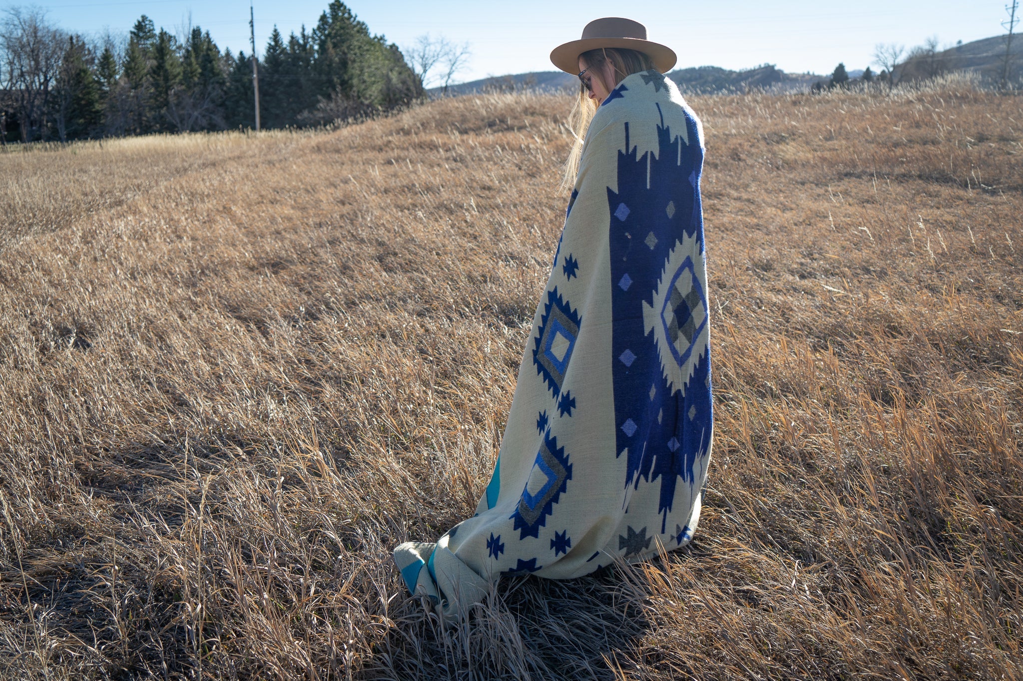 Blue, teal and rust striped alpaca blanket, view 9