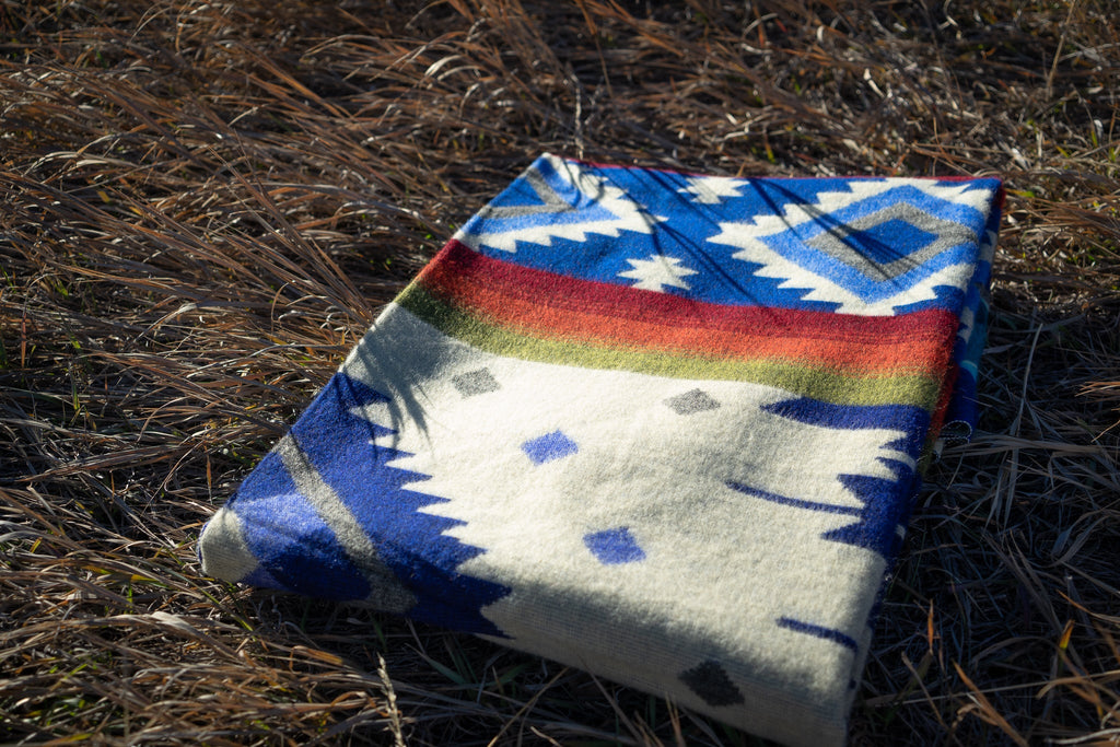 Blue, teal and rust striped alpaca blanket, view 10