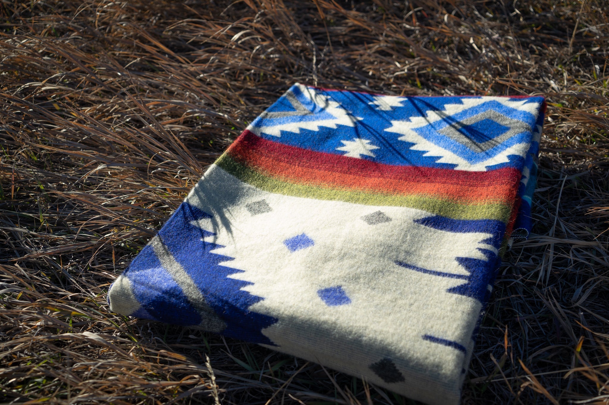 Blue, teal and rust striped alpaca blanket, view 10