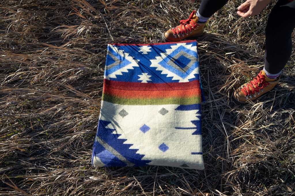 Blue, teal and rust striped alpaca blanket, view 12