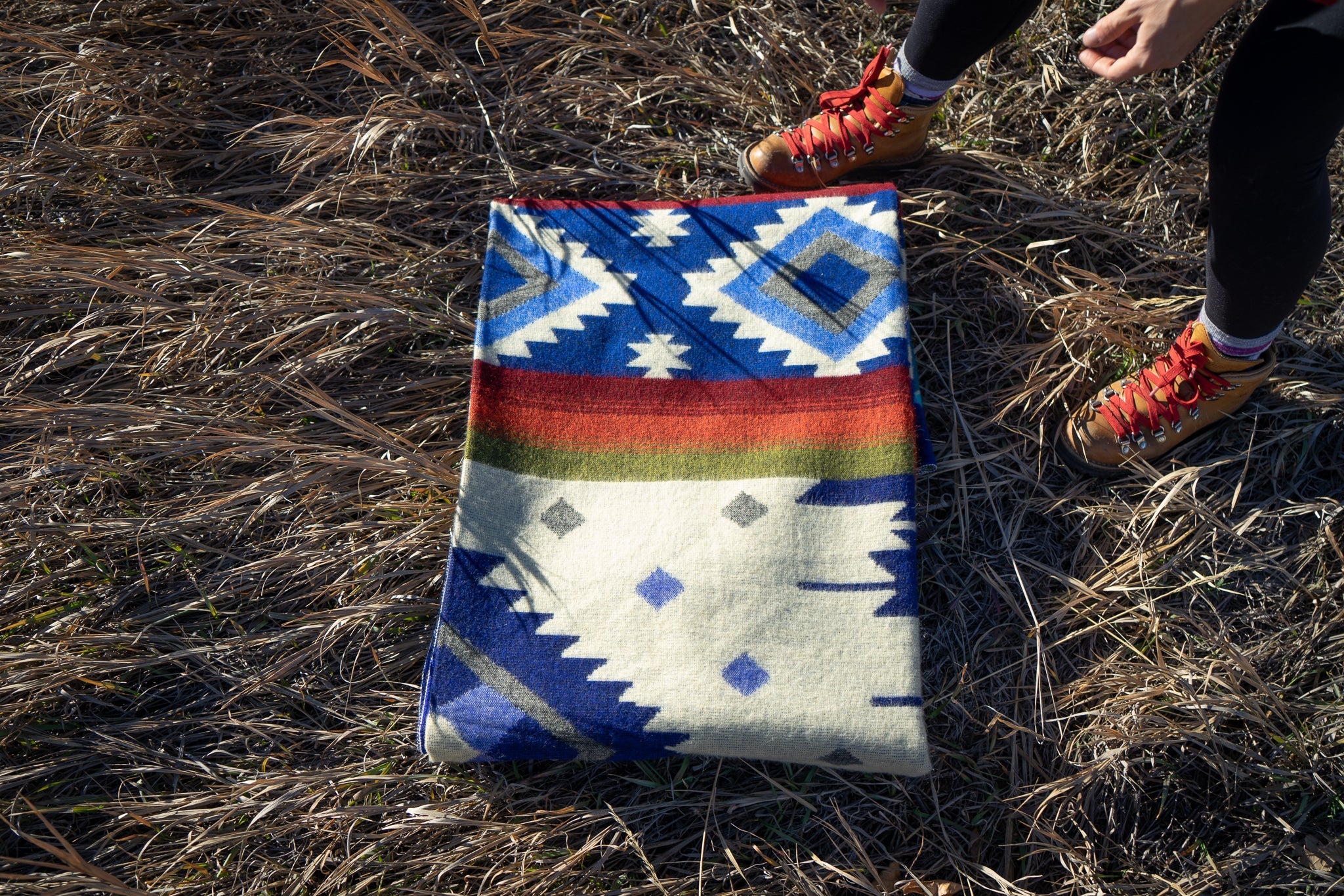 Blue, teal and rust striped alpaca blanket, view 12