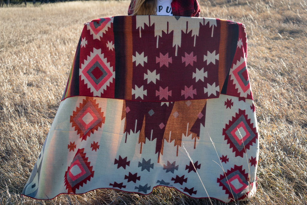 Deep wine and brick red diamond alpaca blanket, view 11