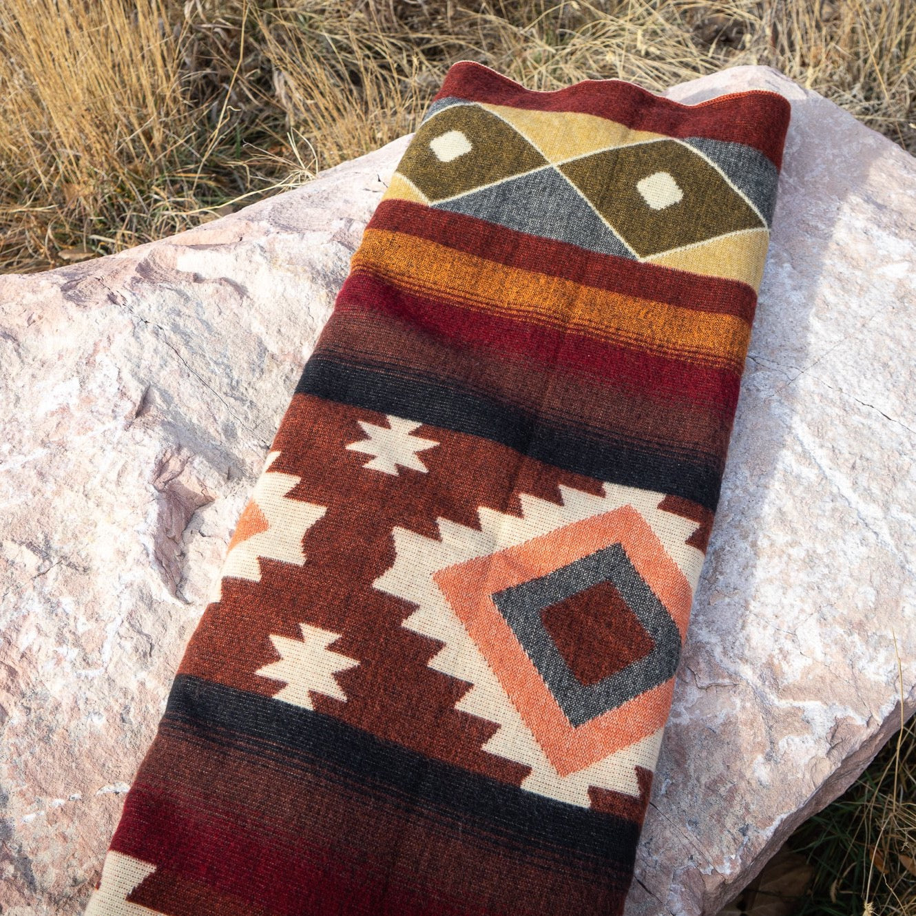 Rust, wine and cream large diamond alpaca blanket, view 9