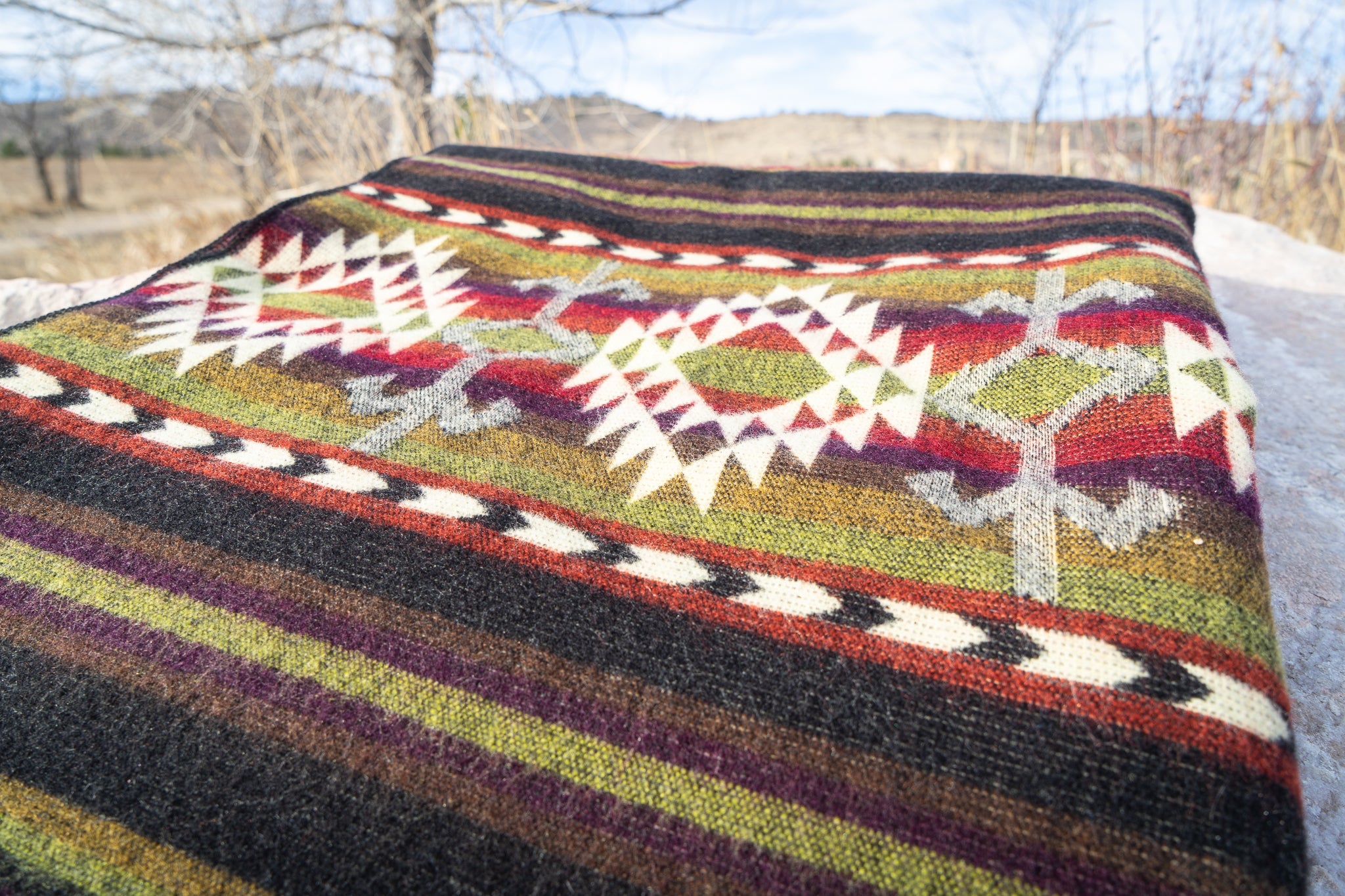 Dark brown, cream and wine geometric alpaca blanket, view 4
