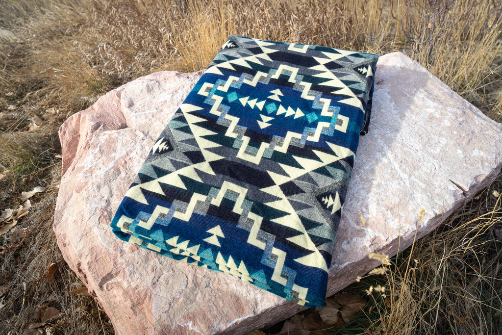 Deep teal blue chakana cross alpaca blanket, view 2