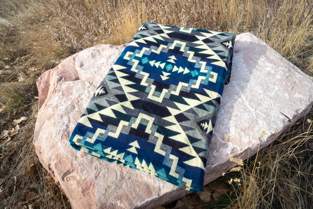Deep teal blue chakana cross alpaca blanket, view 2