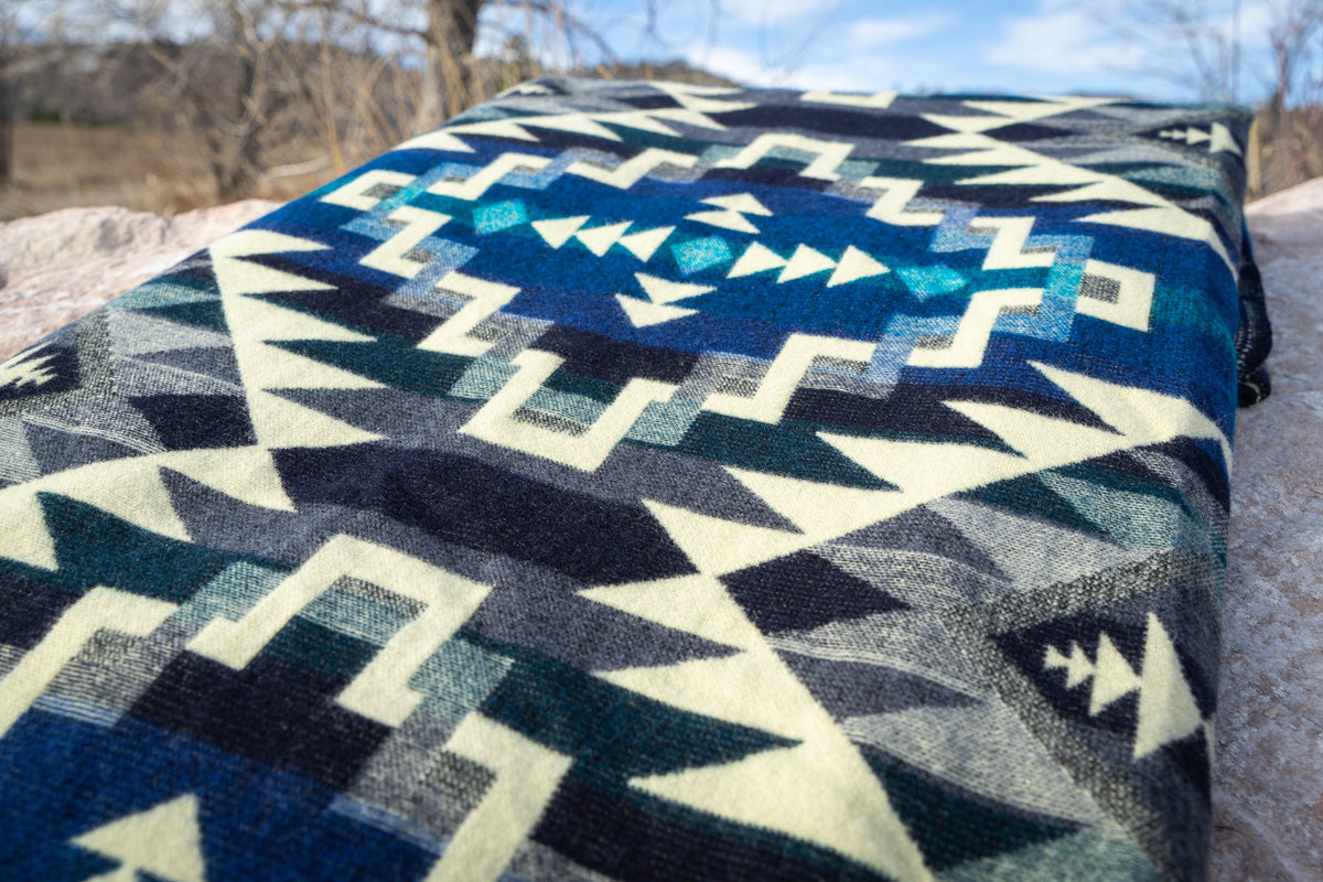 Deep teal blue chakana cross alpaca blanket, view 3