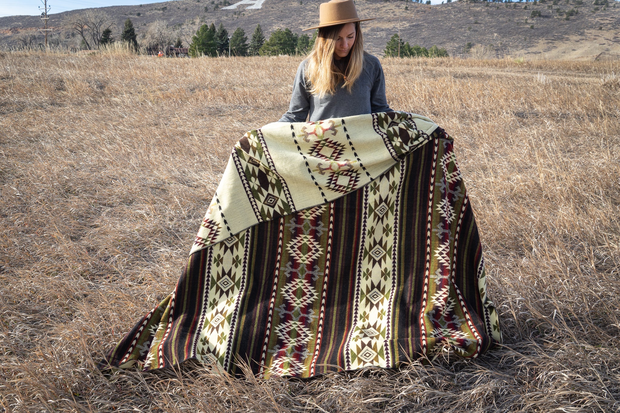 Dark brown, cream and wine geometric alpaca blanket, view 12