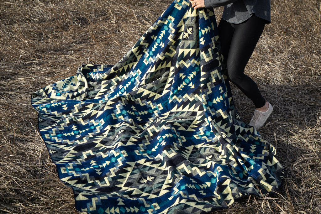 Deep teal blue chakana cross alpaca blanket, view 4
