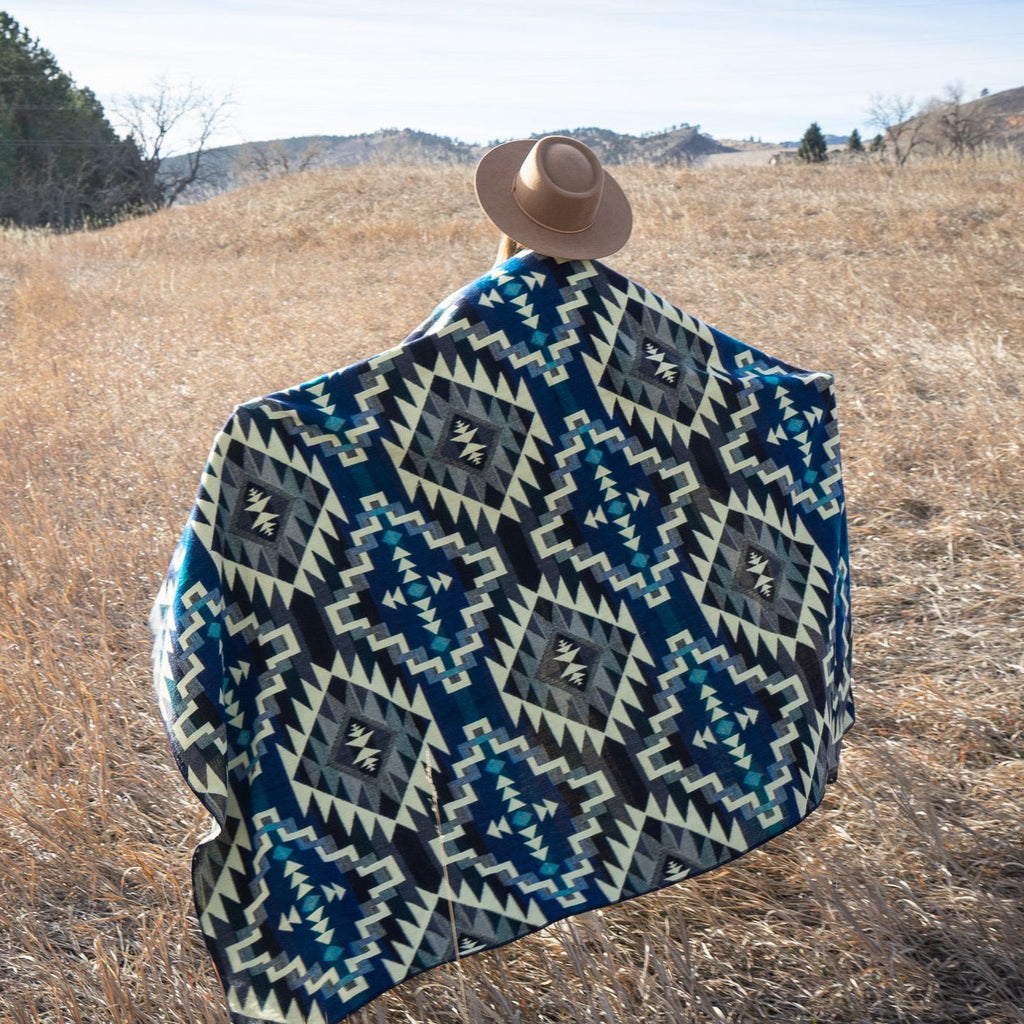 Deep teal blue chakana cross alpaca blanket
