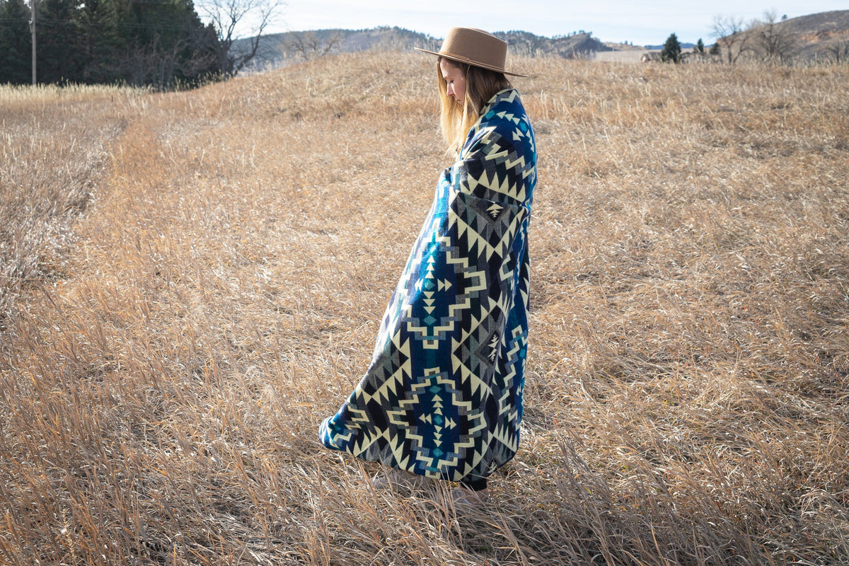Deep teal blue chakana cross alpaca blanket, view 7