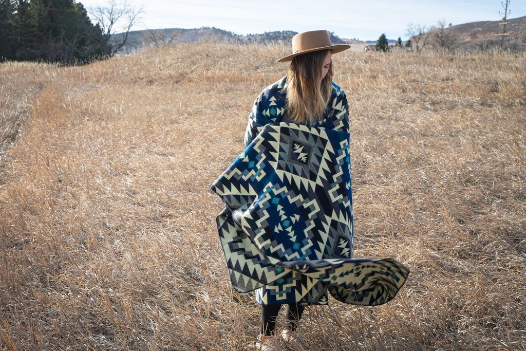 Deep teal blue chakana cross alpaca blanket, view 9