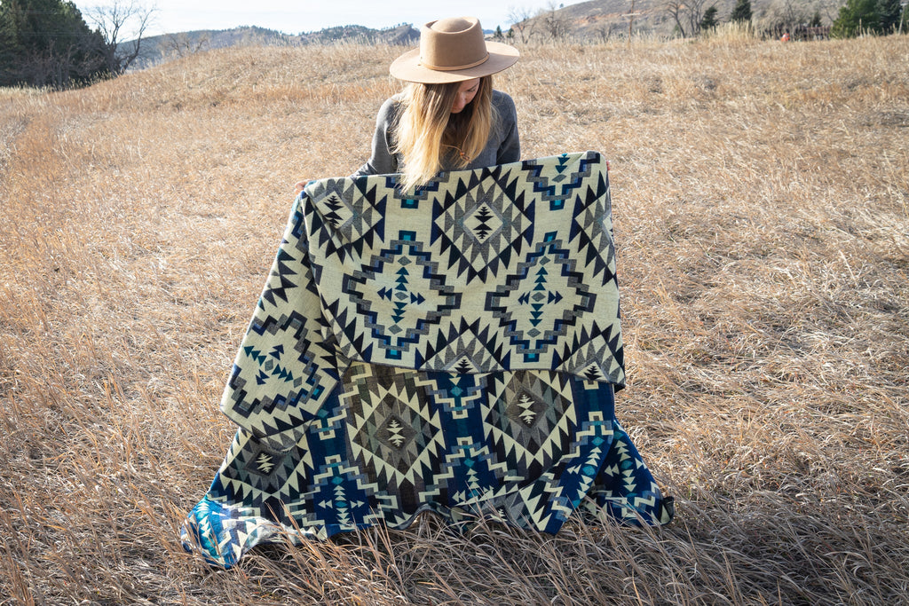 Deep teal blue chakana cross alpaca blanket, view 10