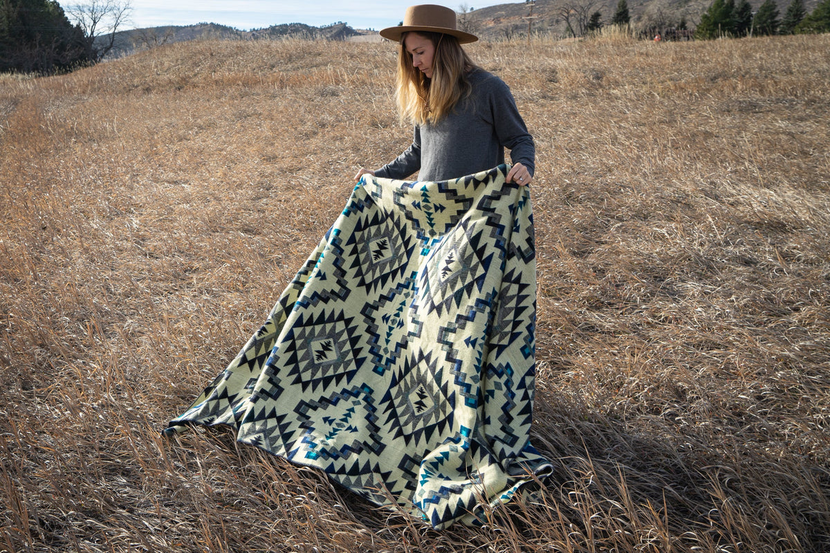 Deep teal blue chakana cross alpaca blanket, view 11