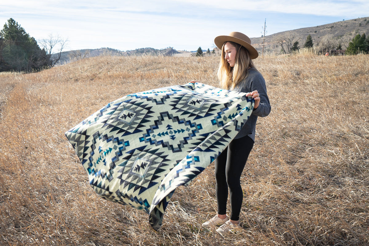 Deep teal blue chakana cross alpaca blanket, view 8