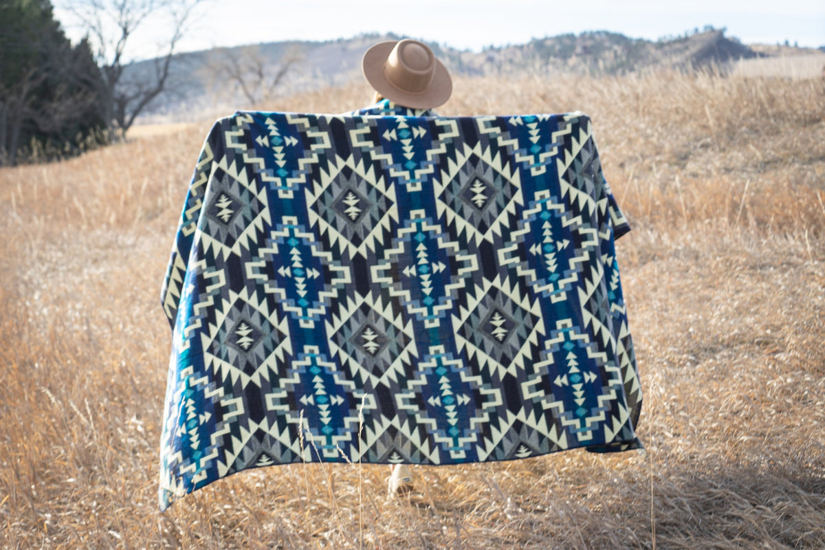 Deep teal blue chakana cross alpaca blanket, view 12