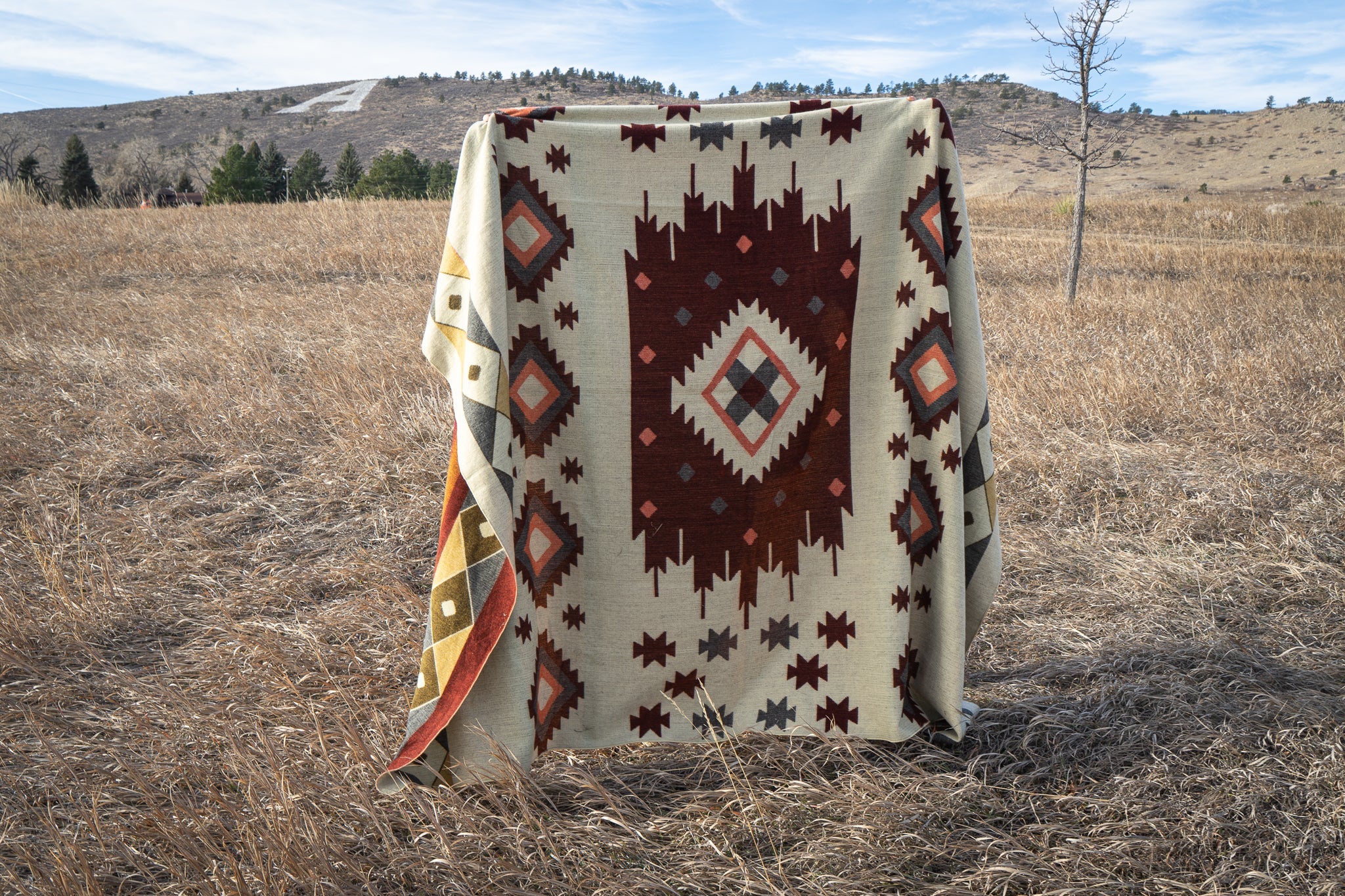 Rust, wine and cream large diamond alpaca blanket, view 4