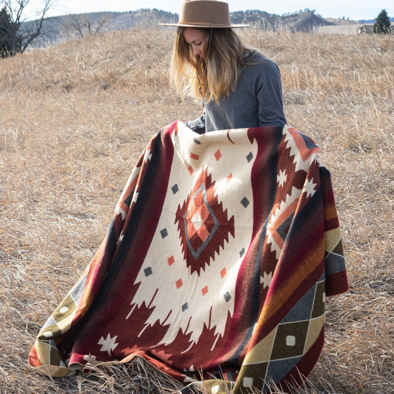Rust, wine and cream large diamond alpaca blanket