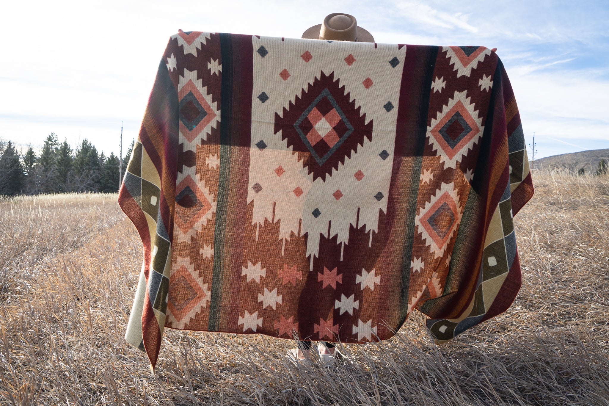 Rust, wine and cream large diamond alpaca blanket, view 5