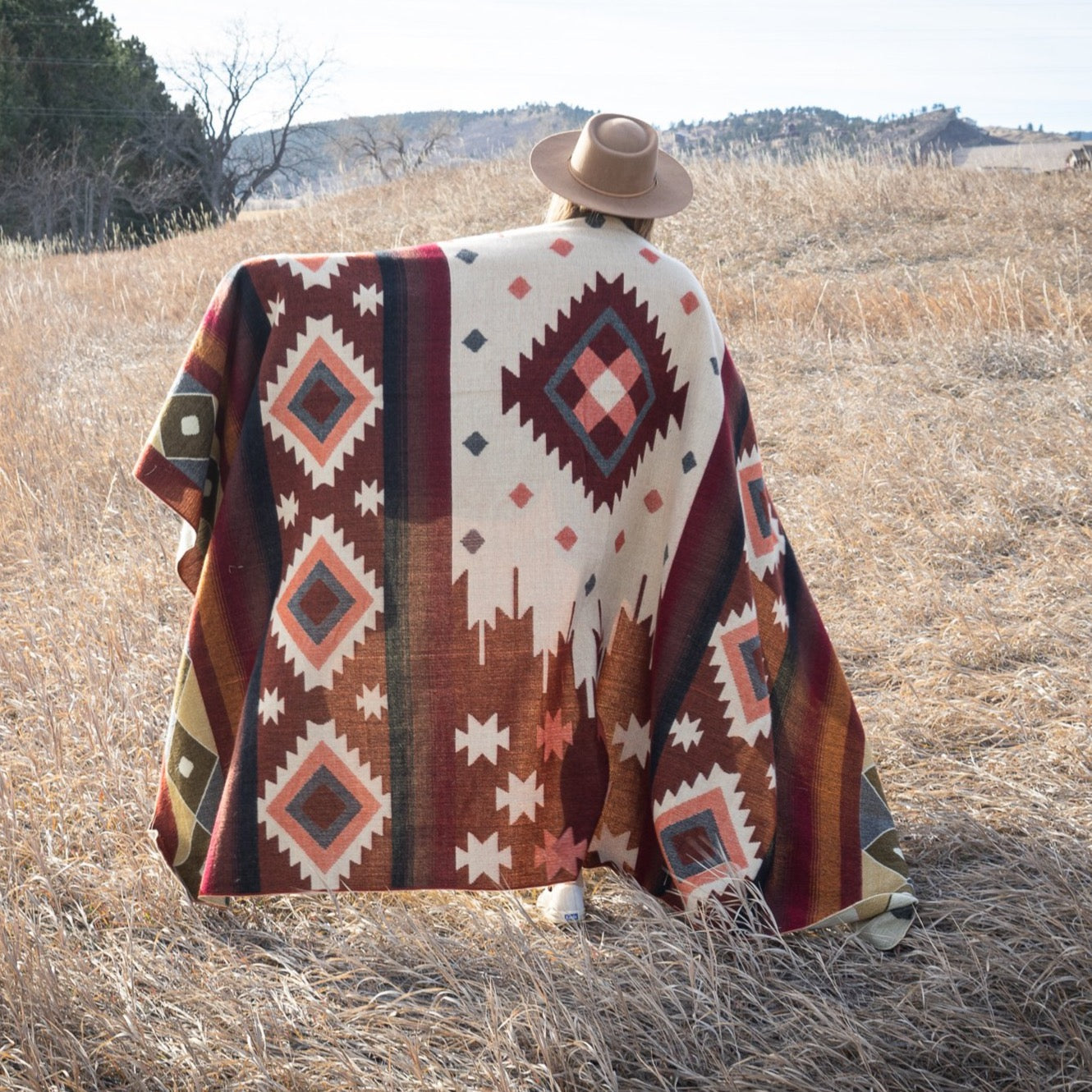 Rust, wine and cream large diamond alpaca blanket, view 6