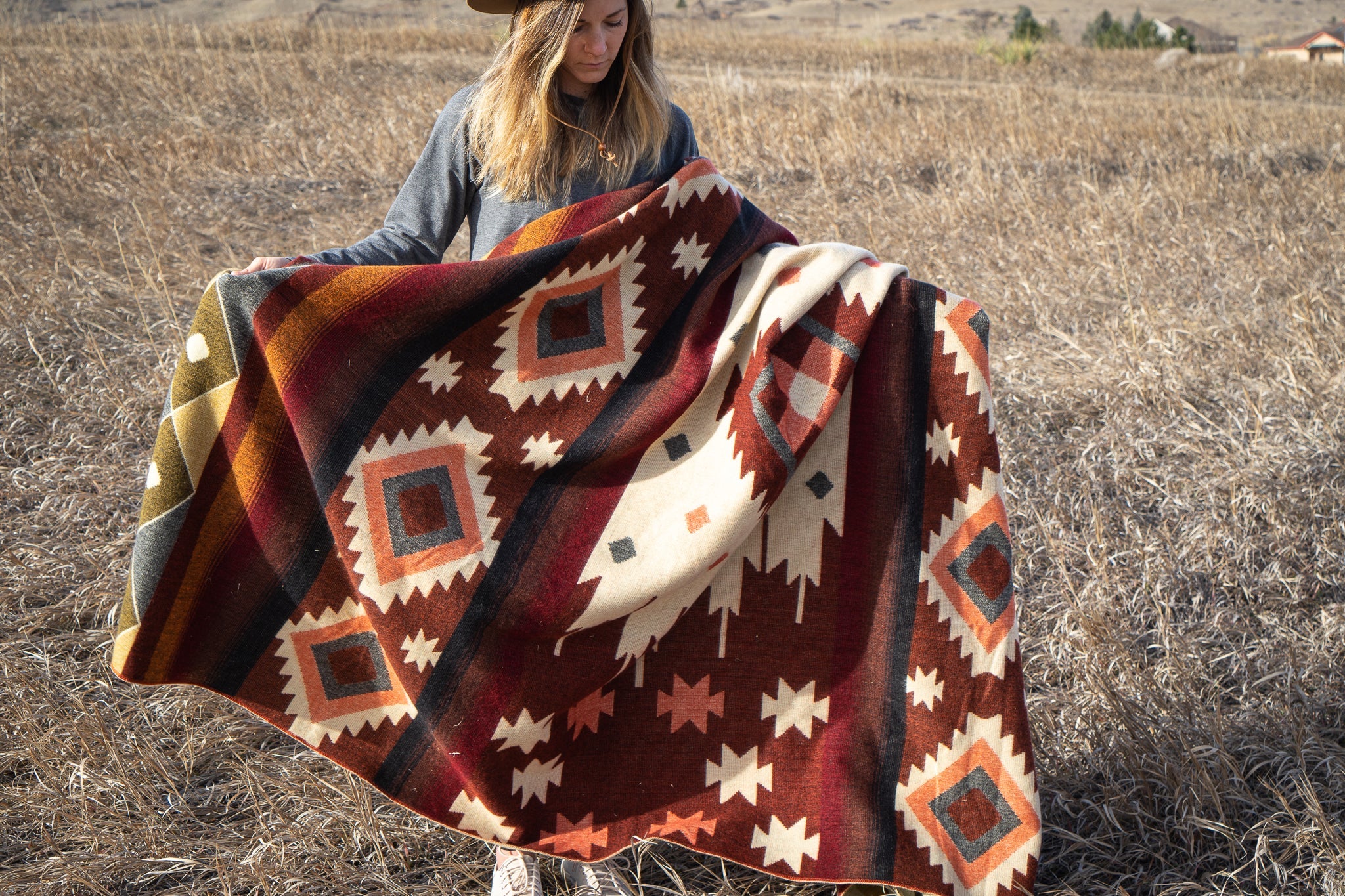 Rust, wine and cream large diamond alpaca blanket, view 7