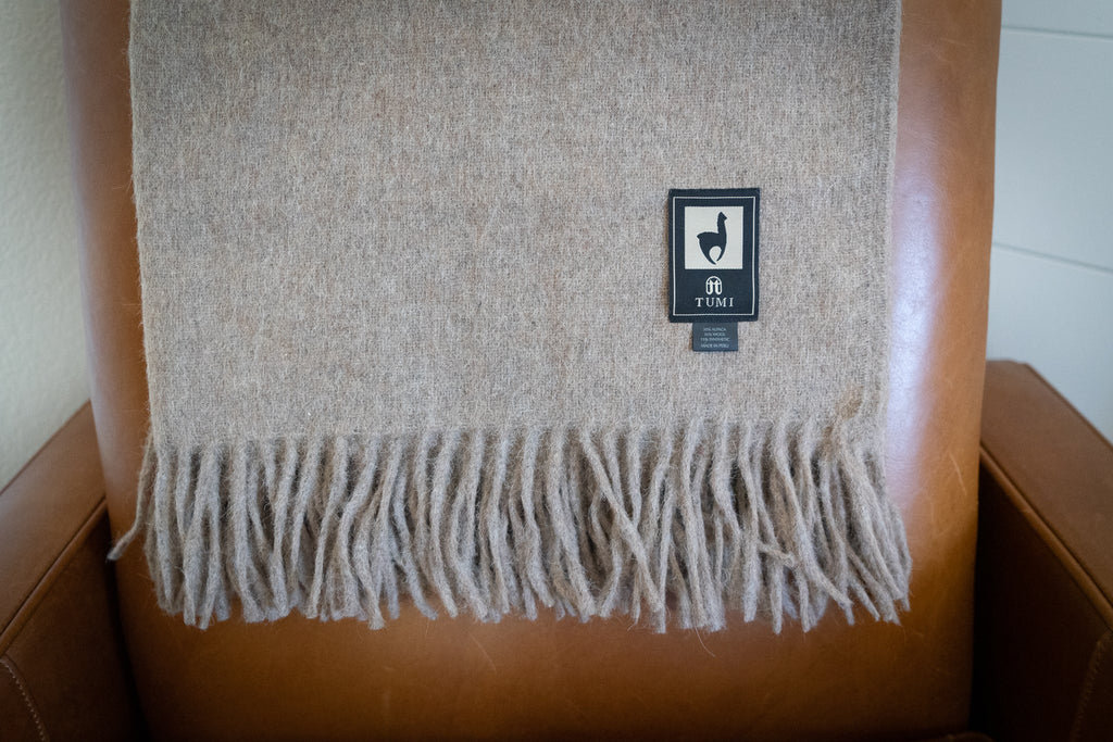 Solid color Peruvian alpaca fringe throw, view 12