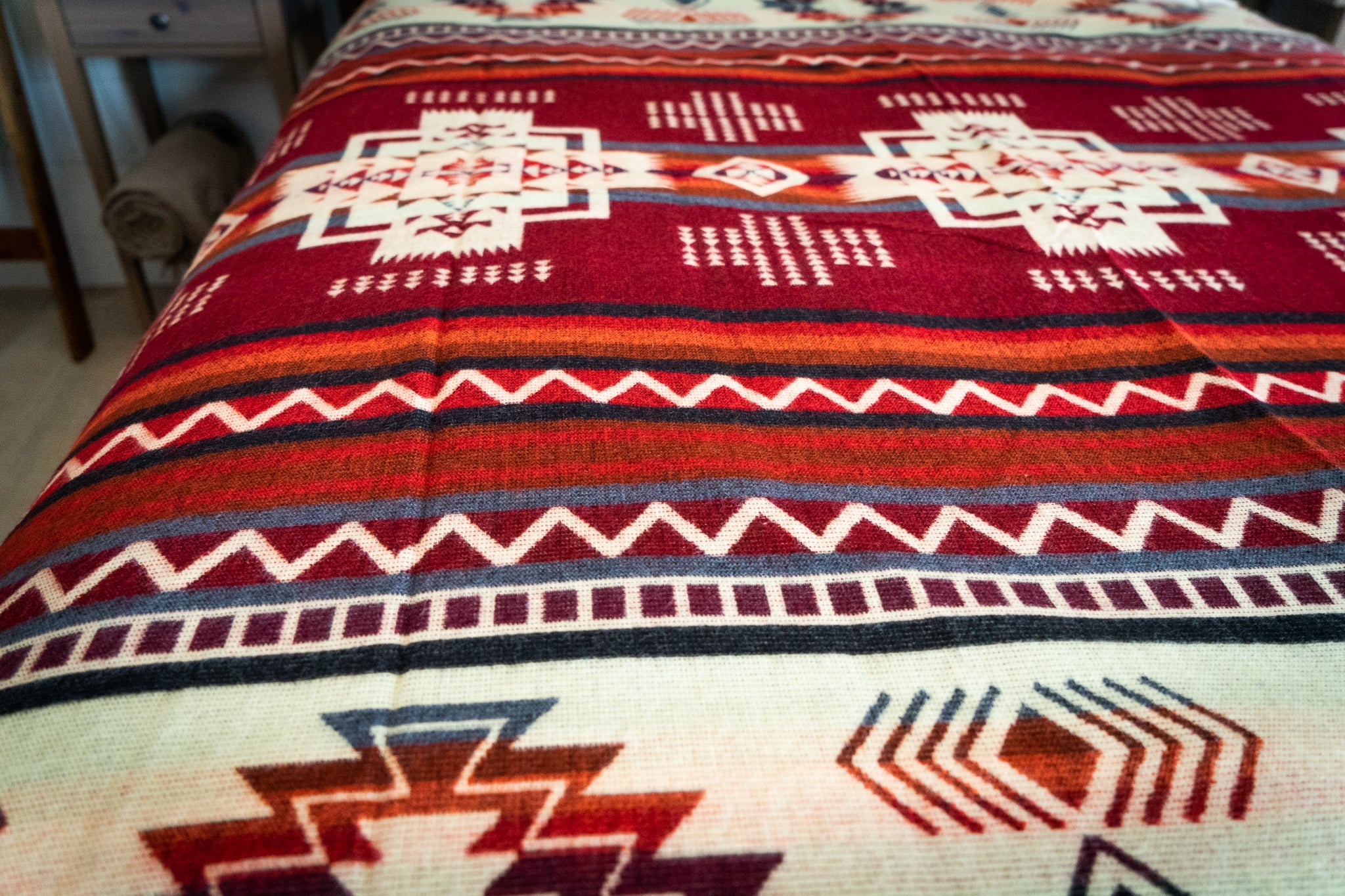 Brick red, coral and grey diamond alpaca blanket, view 8