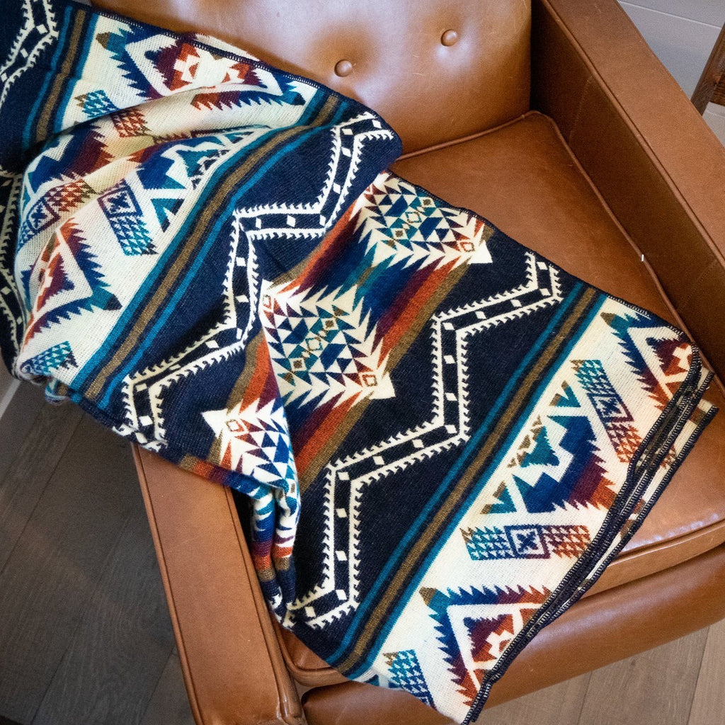 Navy, teal, rust and gold layered geometric alpaca blanket, view 3