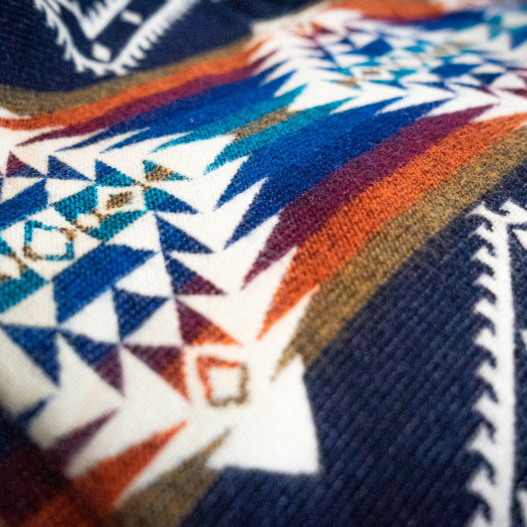 Navy, teal, rust and gold layered geometric alpaca blanket, view 6