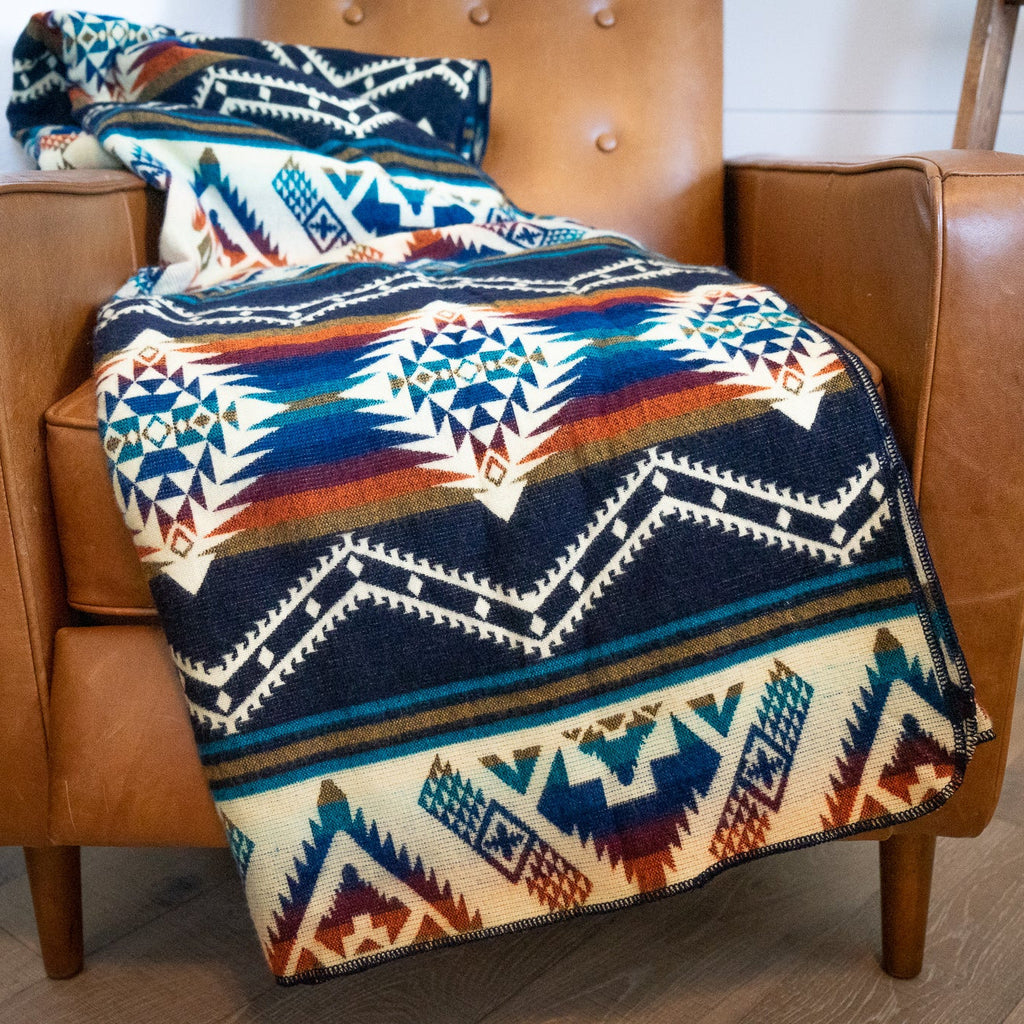 Navy, teal, rust and gold layered geometric alpaca blanket, view 7
