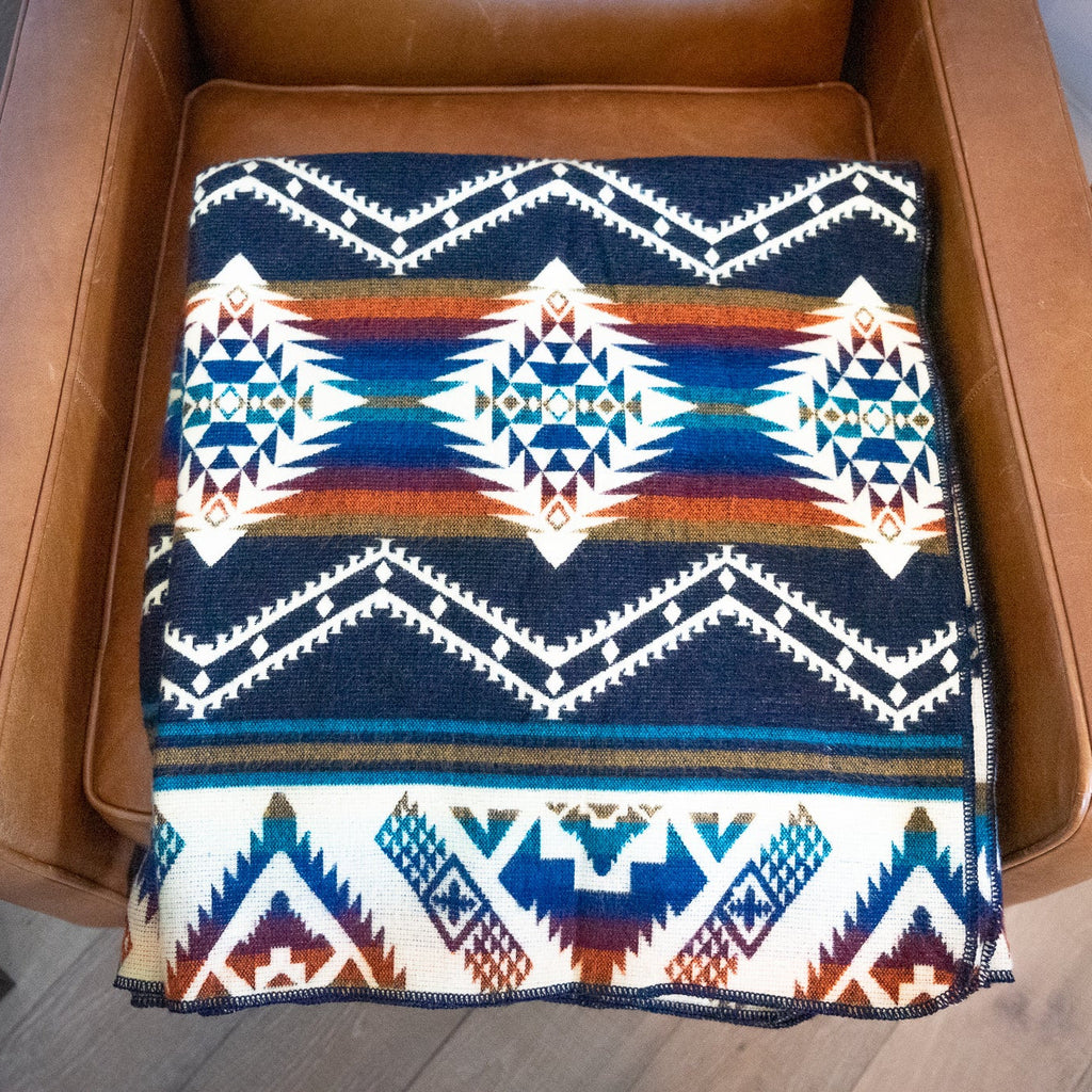 Navy, teal, rust and gold layered geometric alpaca blanket, view 11