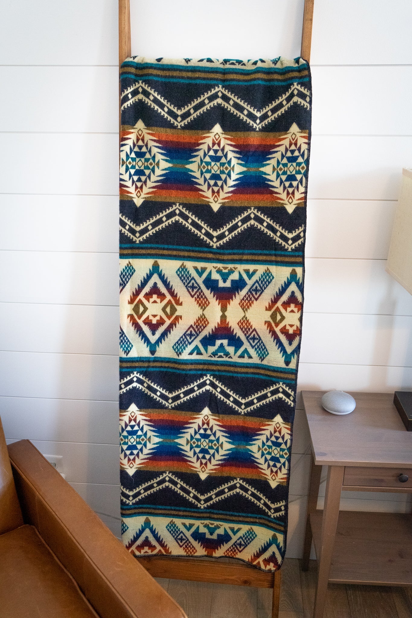 Navy, teal, rust and gold layered geometric alpaca blanket, view 12