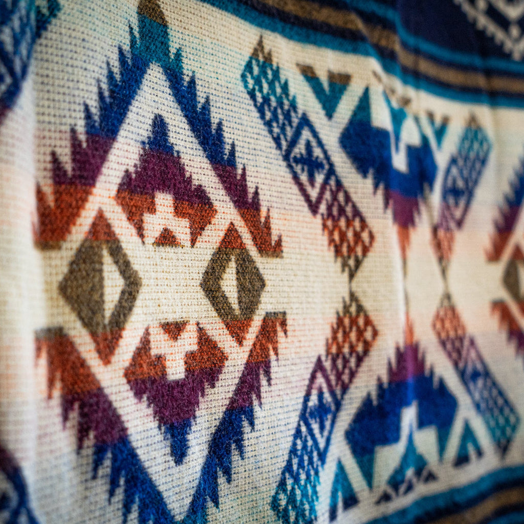 Navy, teal, rust and gold layered geometric alpaca blanket, view 13