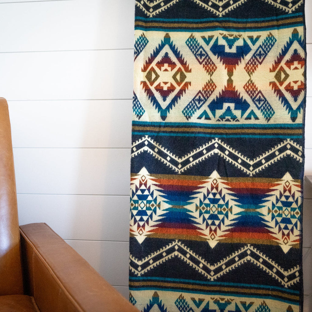 Navy, teal, rust and gold layered geometric alpaca blanket, view 14