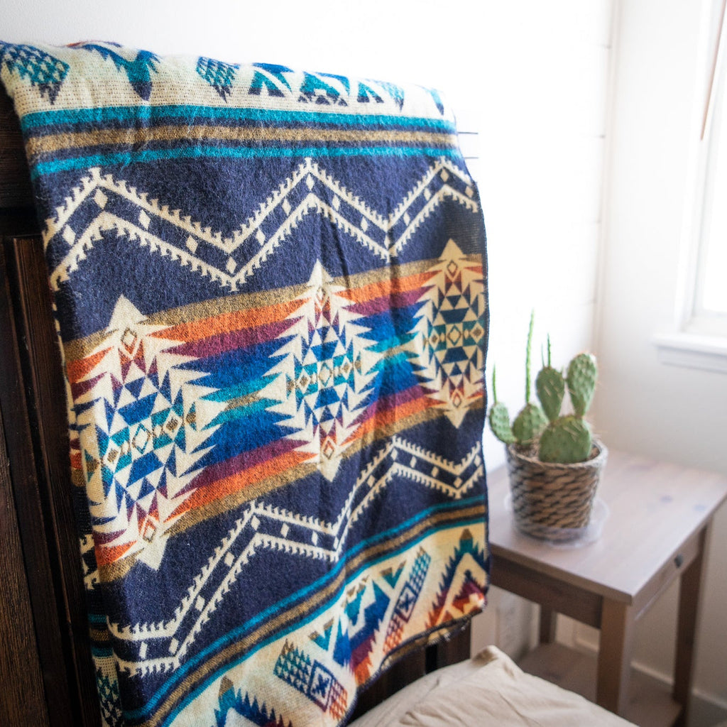 Navy, teal, rust and gold layered geometric alpaca blanket, view 15