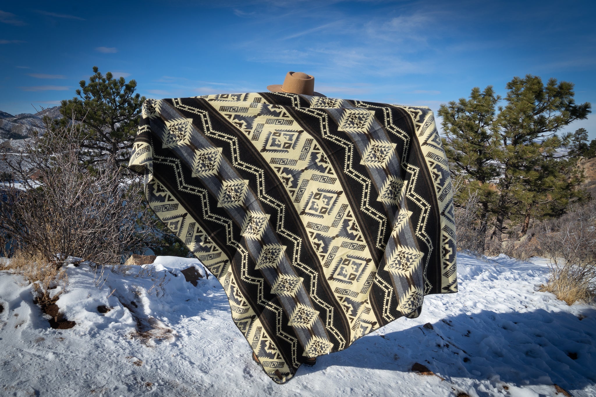 Black and cream monochrome geometric alpaca blanket, view 2