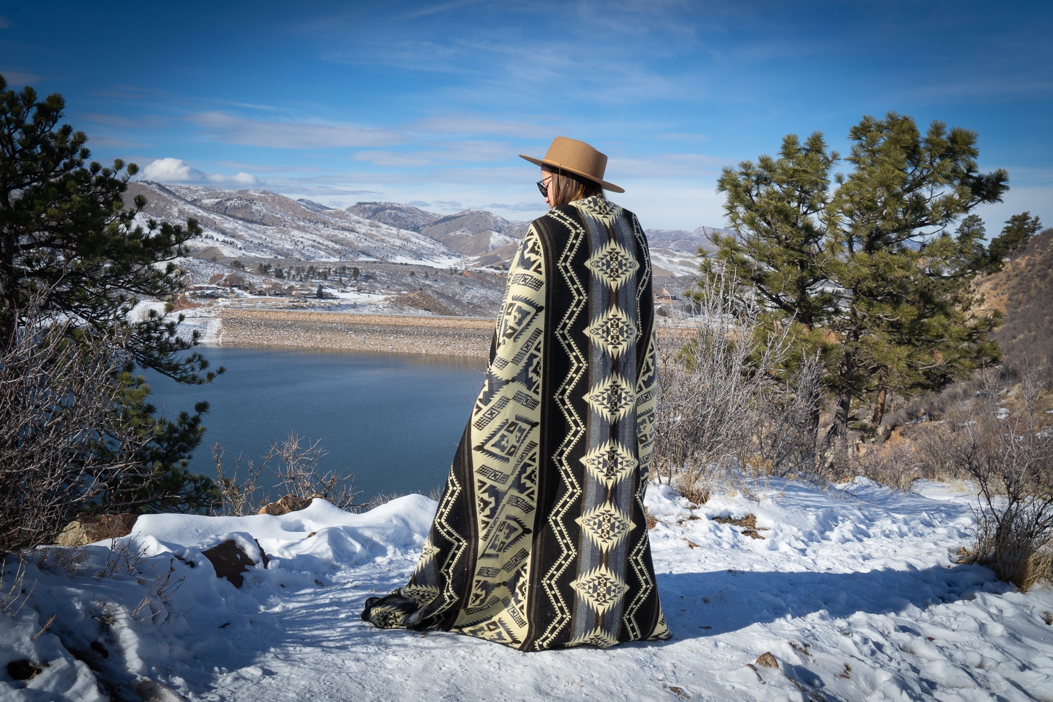 Black and cream monochrome geometric alpaca blanket, view 3