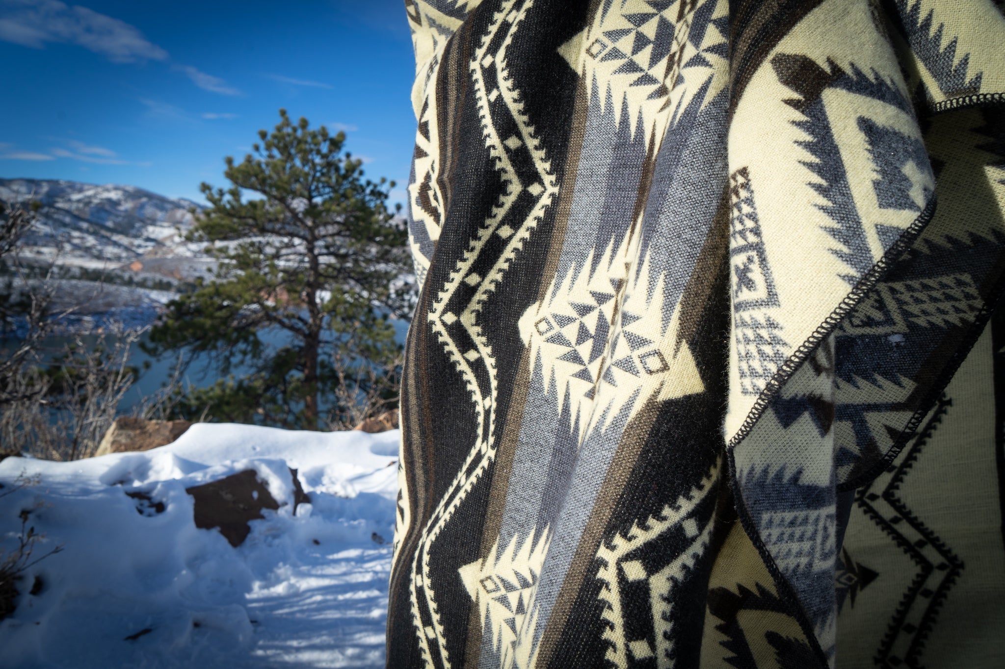 Black and cream monochrome geometric alpaca blanket, view 4