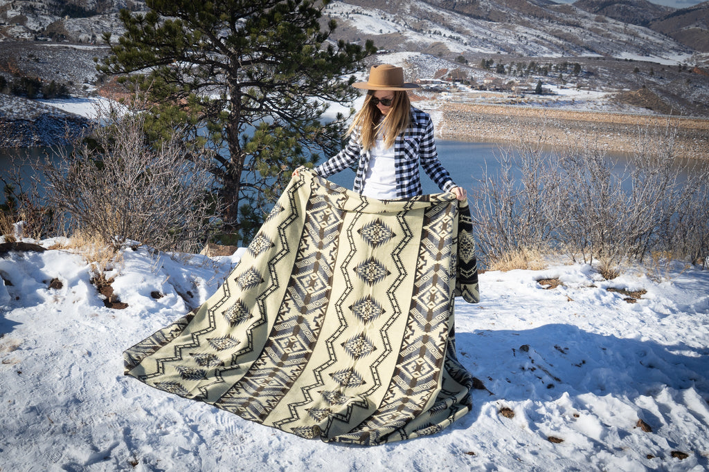 Black and cream monochrome geometric alpaca blanket, view 5