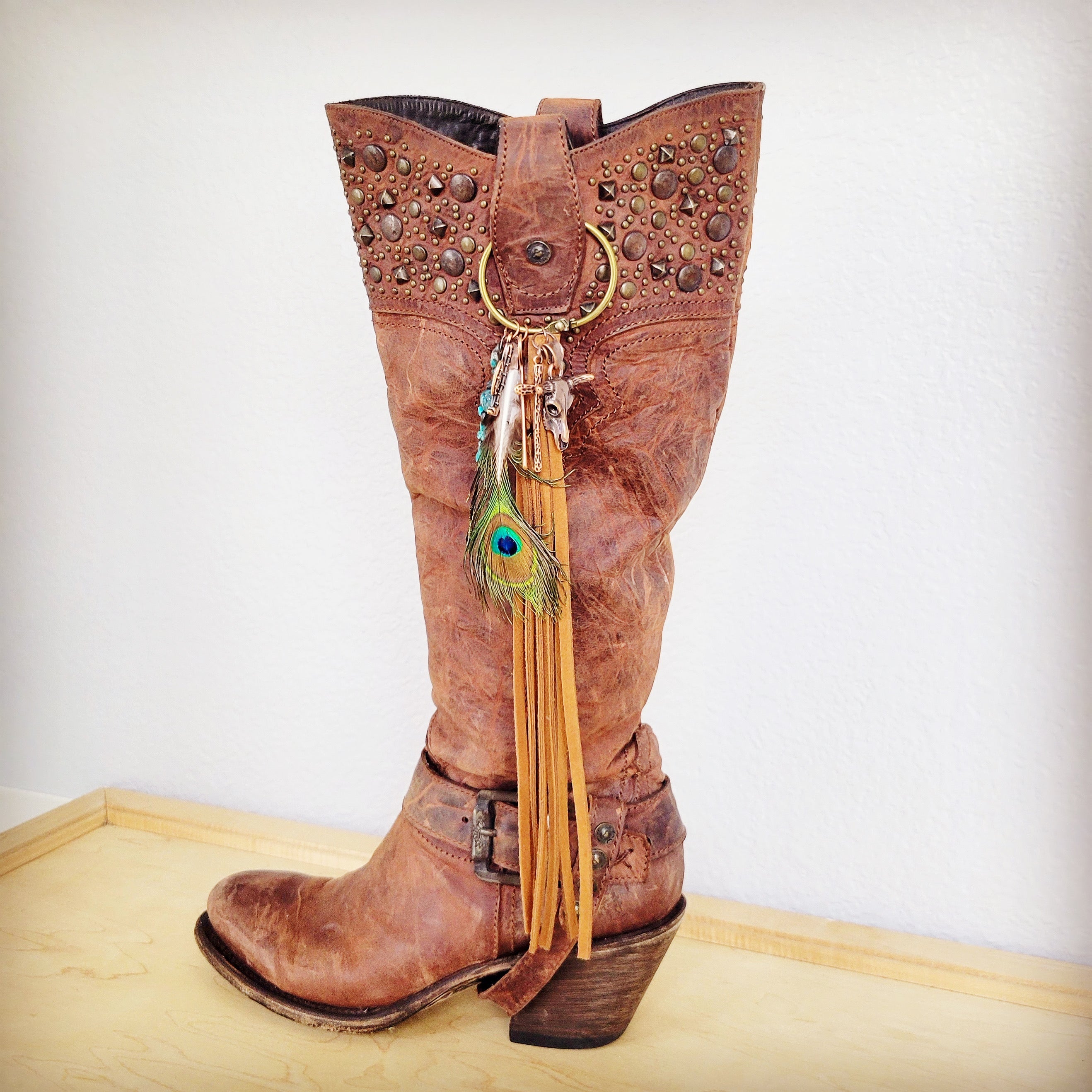 Boho Western Leather Boot Charm in Peacock and Turquoise