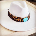 Leopard hair-on-hide hat band with a turquoise-look slab, additional view