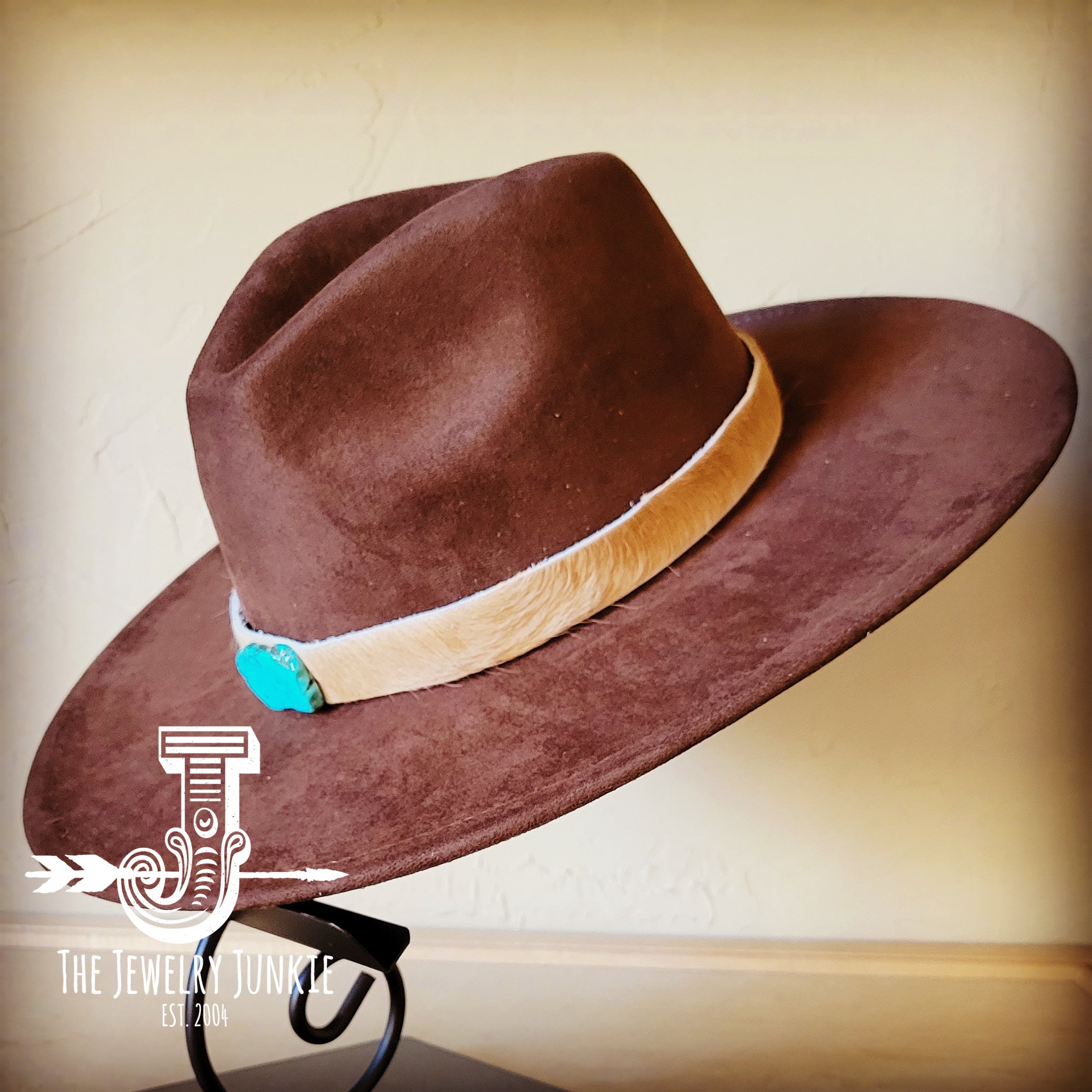 Light hair-on-hide leather hat band with a turquoise slab